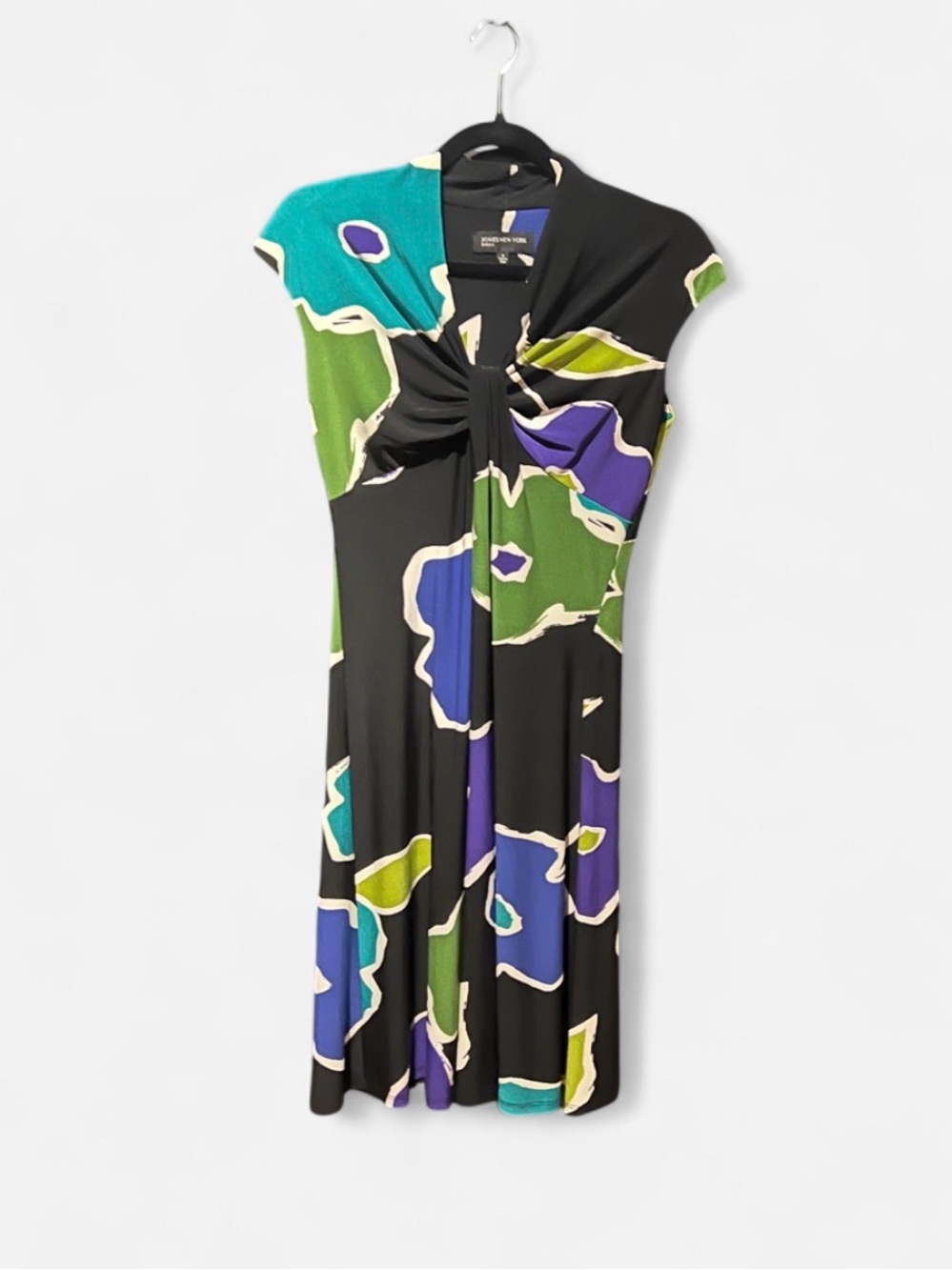 Jones New York Twist-Front Floral Dress Sz 4 Black V-Neck